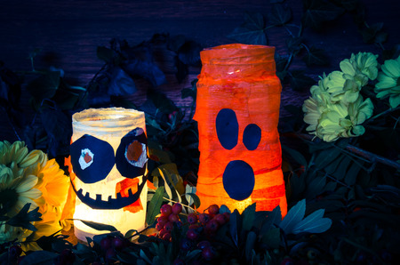 orange and white pumpkin jar decorationの写真素材