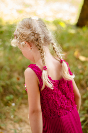 little blond girl with braid back viewの写真素材