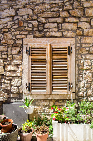 closed wooden window and green plant pots aroundの写真素材