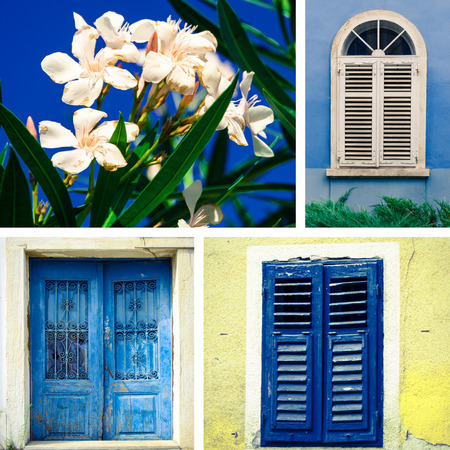 collage from croatian windows, door and oleander flowerの写真素材