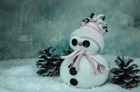 lovely snowman figure decoration with pine cone and snow backgroundの写真素材