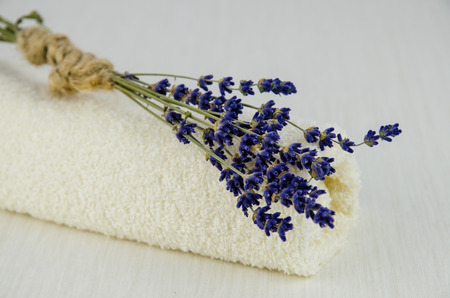 lavender flower on white towel decorationの写真素材