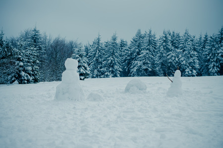 many snowman in winter forestの写真素材