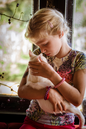 little lovely girl holding cute  white cat の写真素材