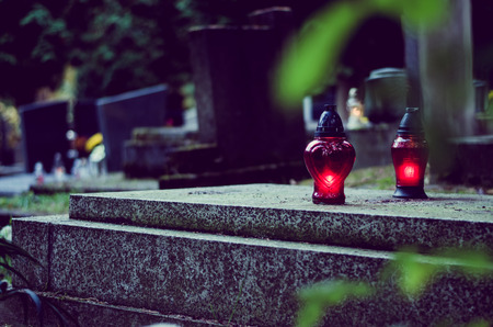 Colorful chrysanthemum flower decoration in graves during  All Saints Day at the cemetery in autumnal atmosphereの写真素材