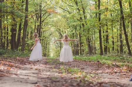 two little princesses in wedding dress walking in path among autumnal trees in forest in golden hour atmosphereの写真素材