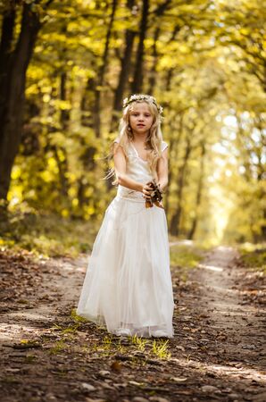 cute little girl in long white wedding dress posing in rural path among autumnal trees in forest in golden hour atmosphereの写真素材