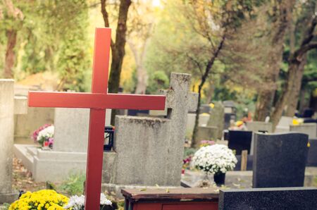 view to the wooden cross in cemetery during religious christian traditional autumnal eventの写真素材