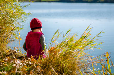 little child holding domestic cat and walking alone in sunny autumnal atmosphereの写真素材