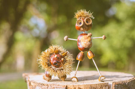 cute figures of pirate and hedgehog from autumnal fruits in vibrant autumnal colorsの写真素材