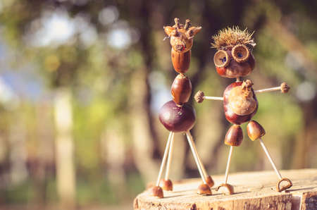 cute figures of pirate and hedgehog from autumnal fruits in vibrant autumnal colorsの写真素材