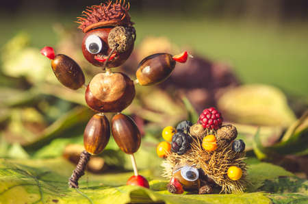 cute figures of pirate and hedgehog from autumnal fruits in vibrant autumnal colorsの写真素材