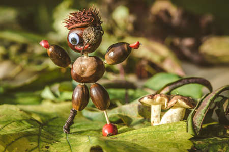 cute figures of pirate and hedgehog from autumnal fruits in vibrant autumnal colorsの写真素材