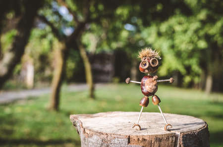 cute figures of pirate and hedgehog from autumnal fruits in vibrant autumnal colorsの写真素材