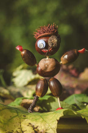 cute figures of pirate and hedgehog from autumnal fruits in vibrant autumnal colorsの写真素材