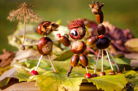 cute figures of pirate and hedgehog from autumnal fruits in vibrant autumnal colorsの写真素材