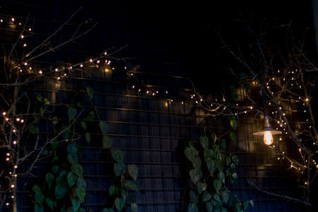 burning candles, scissors and green twigs components on wooden tableの写真素材