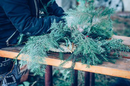 bird feeder made from plants and twigs with animal bird foodの写真素材