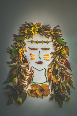 cat made from vivid autumnal leaves and flowers, isolated on white backgroundの写真素材