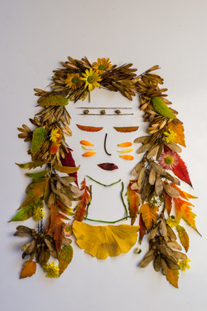 cat made from vivid autumnal leaves and flowers, isolated on white backgroundの写真素材