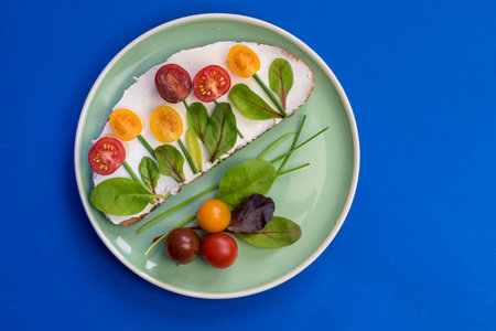 bread with butter, red and orange cherry tomatoes designed as flowers with green chives and basil herbsの写真素材