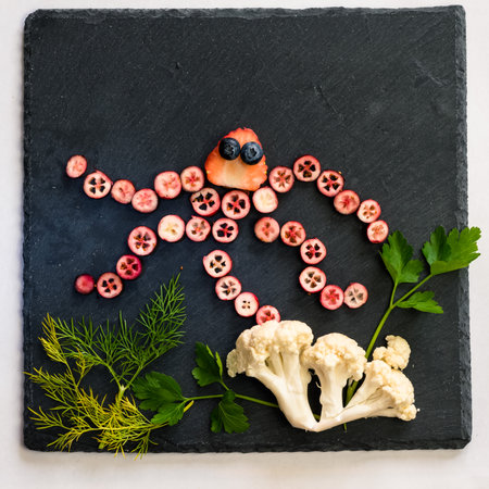 octopus made from red fruits on black backgroundの写真素材