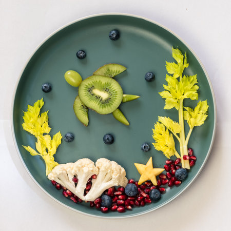 turtle, corals and plants in sea world from blackberries, kiwi, salad and cauliflower, isolated colorful food ideas on plateの写真素材