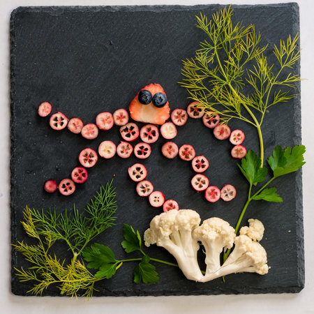 octopus made from red fruits with sea world from cauliflower and green herbs on black backgroundの写真素材