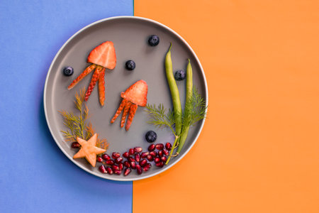 jellyfish, green plants and starfish in sea world from strawberries, blackberries, beans and pomegranate, isolated colorful food ideas on plate with blue orange backgroundの写真素材