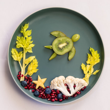 turtle, corals and plants in sea world from blackberries, kiwi, salad and cauliflower, isolated colorful food ideas on plateの写真素材
