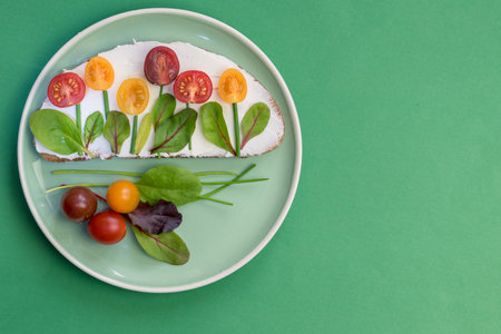 bread with butter, red and orange cherry tomatoes designed as flowers with green chives and basil herbsの写真素材
