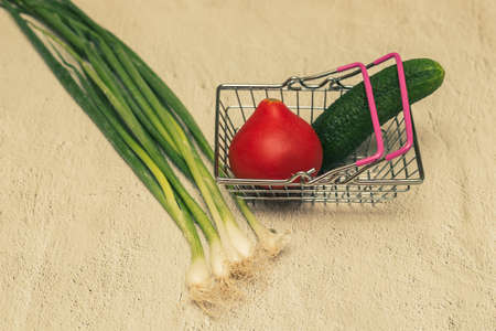 Vegetables in a small shopping basket: cucumber, tomato and zucchini.の写真素材
