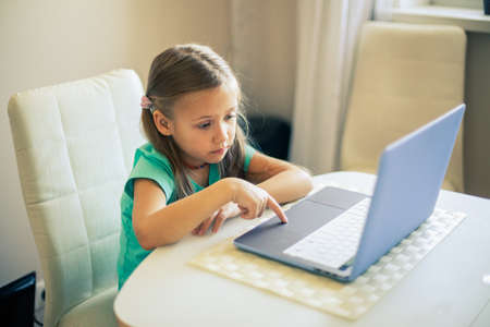 Little cute girl uses laptop to have video callの写真素材