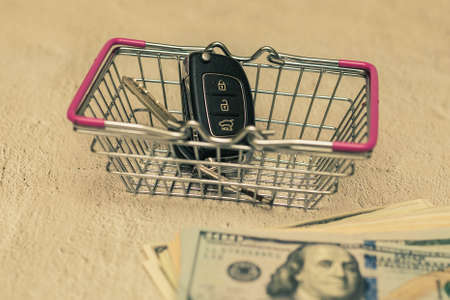 Car keys in a small shopping cart. The concept of buying a carの写真素材