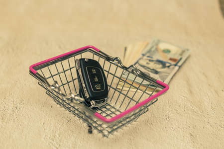 Car keys in a small shopping cart. The concept of buying a carの写真素材