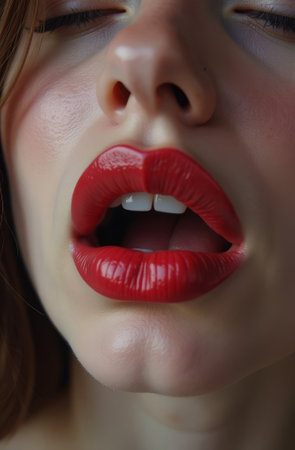 Sexy Lips. Beauty Red Lips Makeup Detail. Beautiful Make-up Closeup. Sensual Open Mouth. lipstick or Lipglossの素材