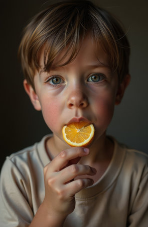 A sad gray-eyed boy, dressed in a gray T-shirt on a black background, eating an orange slice.の素材