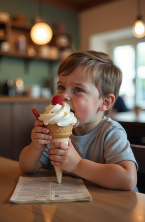 A blue-eyed little boy is happy eating a large pink and white ice cream at the cafe.の素材