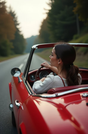A girl driving a red convertible is driving along the road in the summeの素材