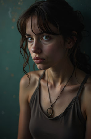 A tired, thin girl with big eyes. Dependent, upset, frightened.の素材
