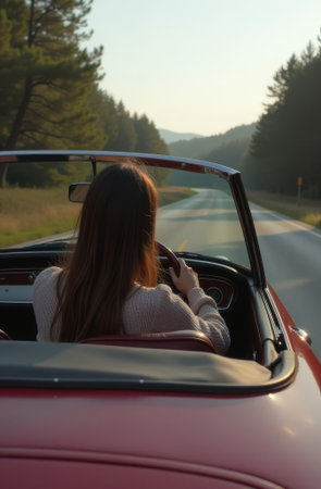A girl driving a red convertible is driving along the road in the summeの素材