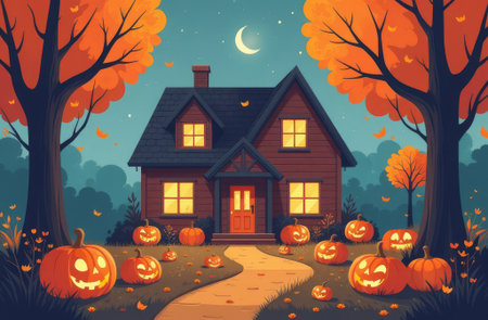 Halloween house. Near the house with a red roof there are many pumpkins and trees with orange foliage. Autumn.の素材