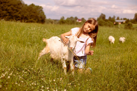 Girl cradling a baby goat in her arms, surrounded by a lush green field, basking in the warmth of a sunny dayの写真素材
