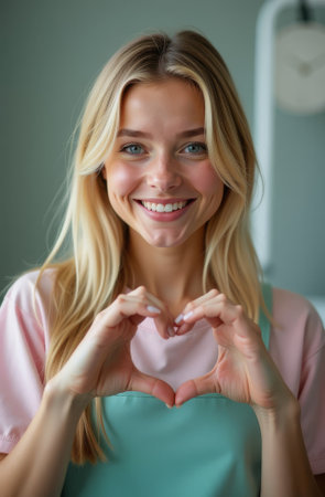 The blonde girl smiles and shows her heart with her fingersの素材