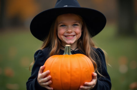 Halloween. A girl in nature in a witch costume holds a pumpkin in her hands and smiles.の素材