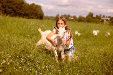 Girl cradling a baby goat in her arms, surrounded by a lush green field, basking in the warmth of a sunny dayの写真素材
