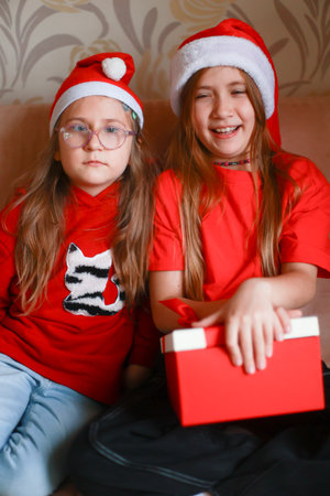 Girls in New Years looks with a gift are sitting at home on the sofa.の写真素材