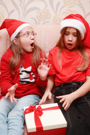 Girls in New Years looks with a gift are sitting at home on the sofa.の写真素材
