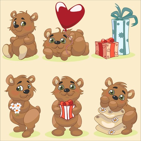 Set of cute cartoon bear posing in different positions and design elements like present box, heart balloon, pillows and camomile flowers.のイラスト素材