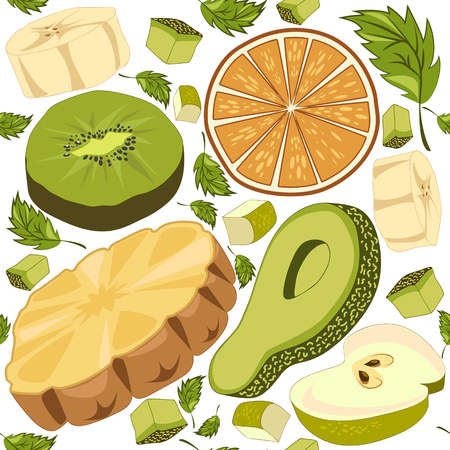 Fruit Mix Avocado Kiwi Banana Pineapple Apple Mint And Orange Pattern Illustration For Background Fabric のイラスト 素材 ストックフォト 写真素材のstock Foto ストックドットフォト
